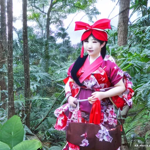 Prompt: a amano yoshitaka of reimu in the jungle wearing bonnet