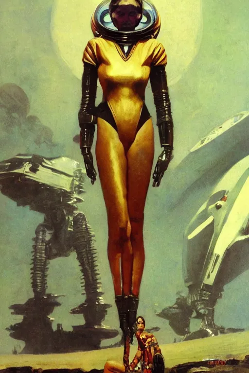 Image similar to pulp scifi fantasy illustration full body portrait elegant woman wearing latex spacesuit with huge martian creature in background, by norman rockwell, jack kirby, bergey, craig mullins, ruan jia, jeremy mann, tom lovell, 5 0 s, astounding stories, fantasy