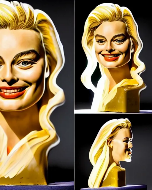 Prompt: a beautiful lively sculpture of margot robbie made from honey, backlit, refraction, warm lighting masterpiece