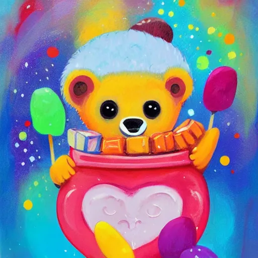 Image similar to a jeremiah ketner acrylic impasto!! illustration of an adorable and cute bear eating candy