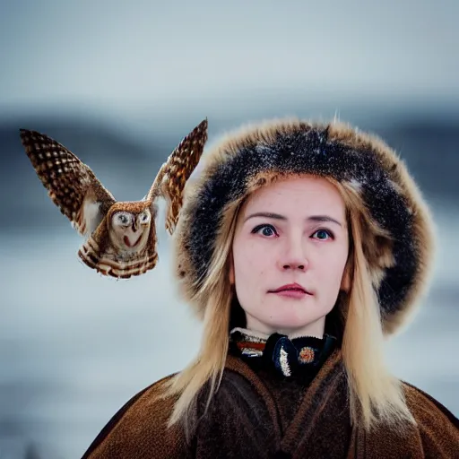 Image similar to symmetry!! portrait photograph of an extremely beautiful!!!! young blonde female with symmetric face. with a very detailed barn owl!!!!! on her shoulder. wearing traditional greenlandic national costume or kalaallisuut. in iceland. petzval lens. shallow depth of field. polaroid featured on flickr, art photography,