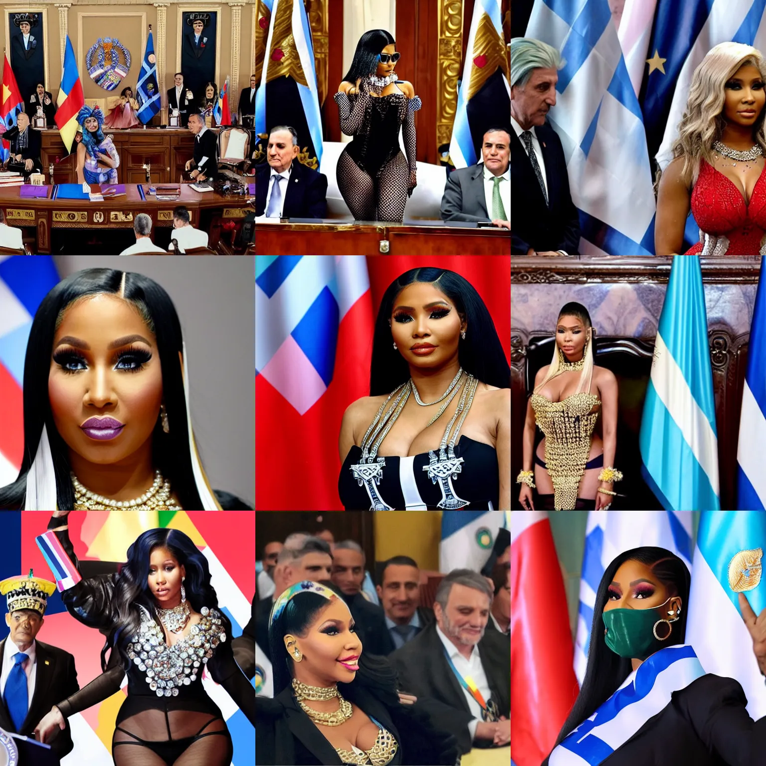 Prompt: Nicki Minaj as the president of Argentina, in the Argentine Congress, wearing presidential band, flags of Argentina behind, detailed picture