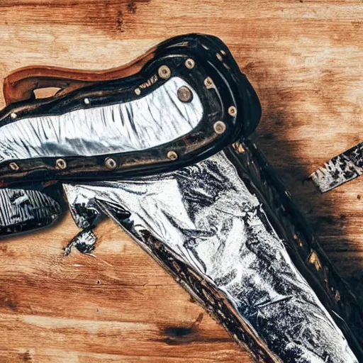 Prompt: a chainsaw wrapped in tin foil