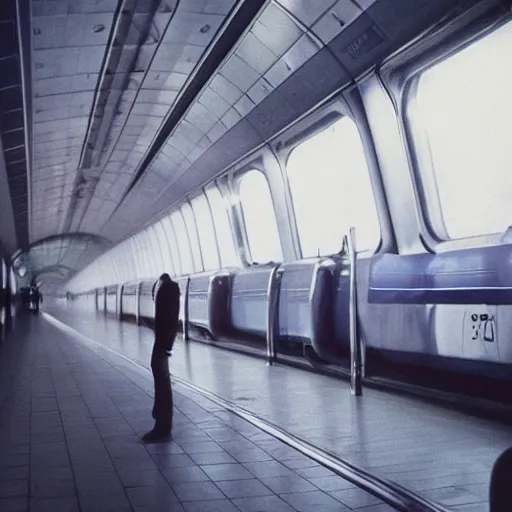 Image similar to a beautiful photo of an astronaut waiting in a train station, 1970', soft light, morning light, photorealistic, realistic, octane, 8k, cinematic shot