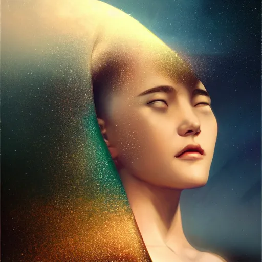 Prompt: 3 d, sci - fi, close - up, night, moon rays, smiling fashion model face, cinematic, clouds, vogue cover style, realistic painting, intricate oil painting, high detail illustration, figurative art, multiple exposure, poster art, 3 d, by tooth wu and wlop and beeple and greg rutkowski