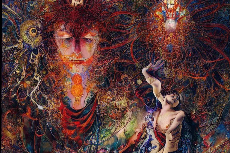 Prompt: realistic detailed image of a psychedelic shaman Ayami Kojima, Amano, Karol Bak, Greg Hildebrandt, and Mark Brooks, Neo-Gothic, gothic, rich deep colors. Beksinski painting, part by Adrian Ghenie and Gerhard Richter. art by Takato Yamamoto. masterpiece