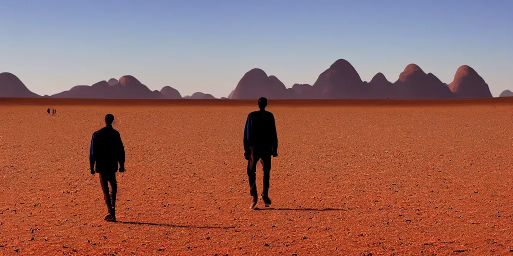 Image similar to of a photography of a man walking on desert , with blue light dark blue sky, long cloths red like silk, ants are big and they shine on the sunlight, there are sand mountains on the background, a very small oasis on the far distant background along with some watch towers, ants are perfect symmetric insects, man is with black skin, the man have a backpack, the man stands out on the image, the ants make a line on the dunes, the sun up on the sky is strong, the sky is blue and there are some clouds, its like a caravan of a man guiding dunes of the desert, colors are strong but calm, volumetric, detailed objects, Arabica style, wide view, 14mm,