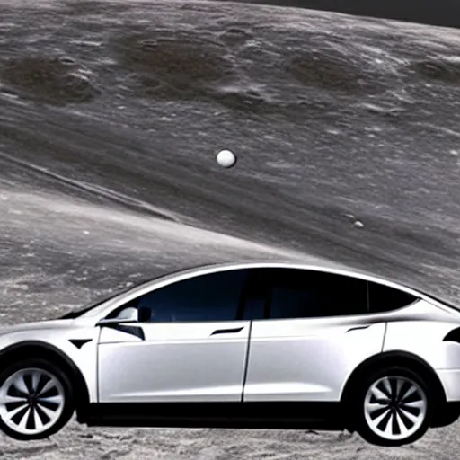 Prompt: a white tesla Model X on the moon