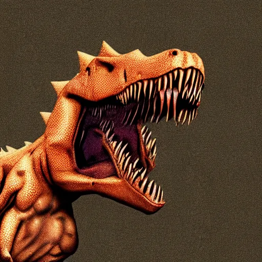 Prompt: Realistic, high quality photograph of a angry, demonic T-Rex standing close to camera in the style of devilcore, gorecore, 3D render, blender render, realistic skin, twilight, glows, detailed, studio quality, HD image,