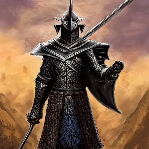 Image similar to black knight with raised broad sword standing atop castle, fantasy art, highly detailed, realistic, Diego Gisbert style,