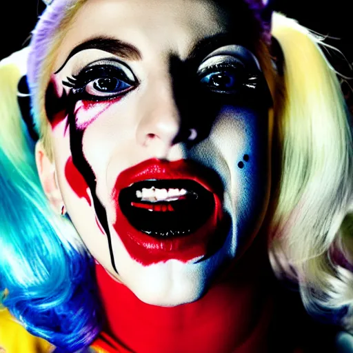 Prompt: close-up photograph of Lady Gaga portraying Harley Quinn while laughing in the movie Joker 2023, dancing pose, moody lighting, award winning photo by Annie Leibovitz, 4k