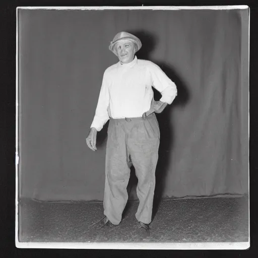 Prompt: vintage, wrinkled, black and white photograph of a man standing proudly next to an enourmous strawberry