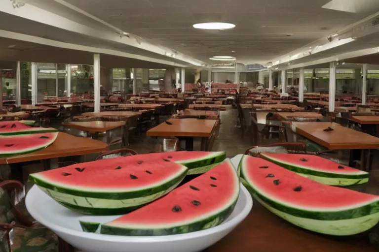 Prompt: 2 0 1 2 watermelon new jersey diner, tables repeat endlessly into the horizon, fruitcore, one point perspective, scene from a kiyoshi kurosawa movie