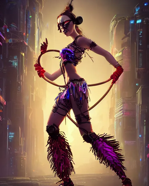 Image similar to An epic fantasy comic book style full body portrait painting of a very beautiful cyberpunk Hula Dancer, character design by Mark Ryden and Pixar and Hayao Miyazaki, unreal 5, DAZ, hyperrealistic, octane render, cosplay, RPG portrait, dynamic lighting, intricate detail, cinematic