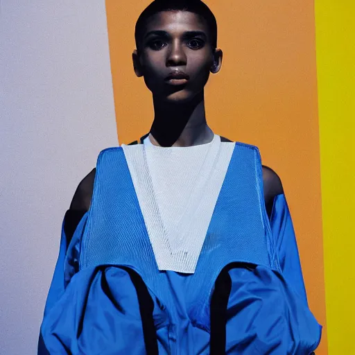 Image similar to realistic photoshooting for a new issey miyake lookbook, color film photography, portrait of a beautiful woman, model is wearing techtical vest, blue direct lightning, photo in style of tyler mitchell, 3 5 mm,