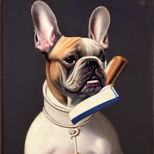 Image similar to a portrait of a french bulldog drinking wine and wearing an elizabethan ruff, oil painting