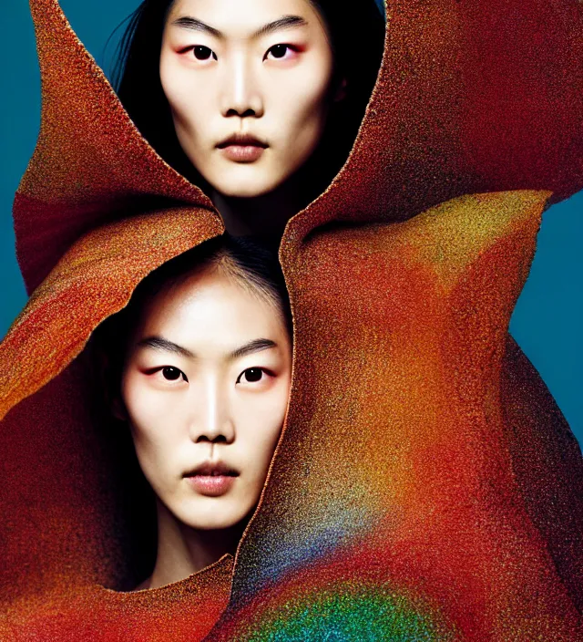 Image similar to photography facial portrait of liu wen, natural background, natural pose, wearing stunning cape by iris van herpen, with a colorfull makeup. highly detailed, skin grain detail, photography by paolo roversi, nick knight, helmut newton, avedon, araki