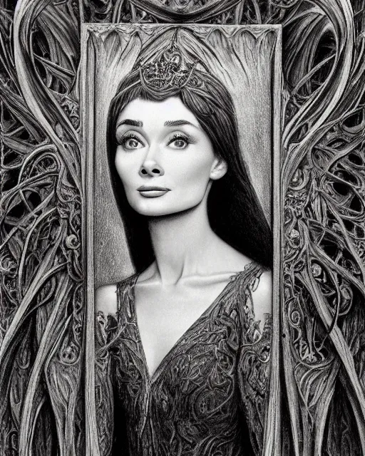 Prompt: matte painting portrait shot, beautiful audrey hepburn as a witch,, detailed and intricate by jean delville, gustave dore and marco mazzoni, art nouveau, symbolist, visionary, gothic