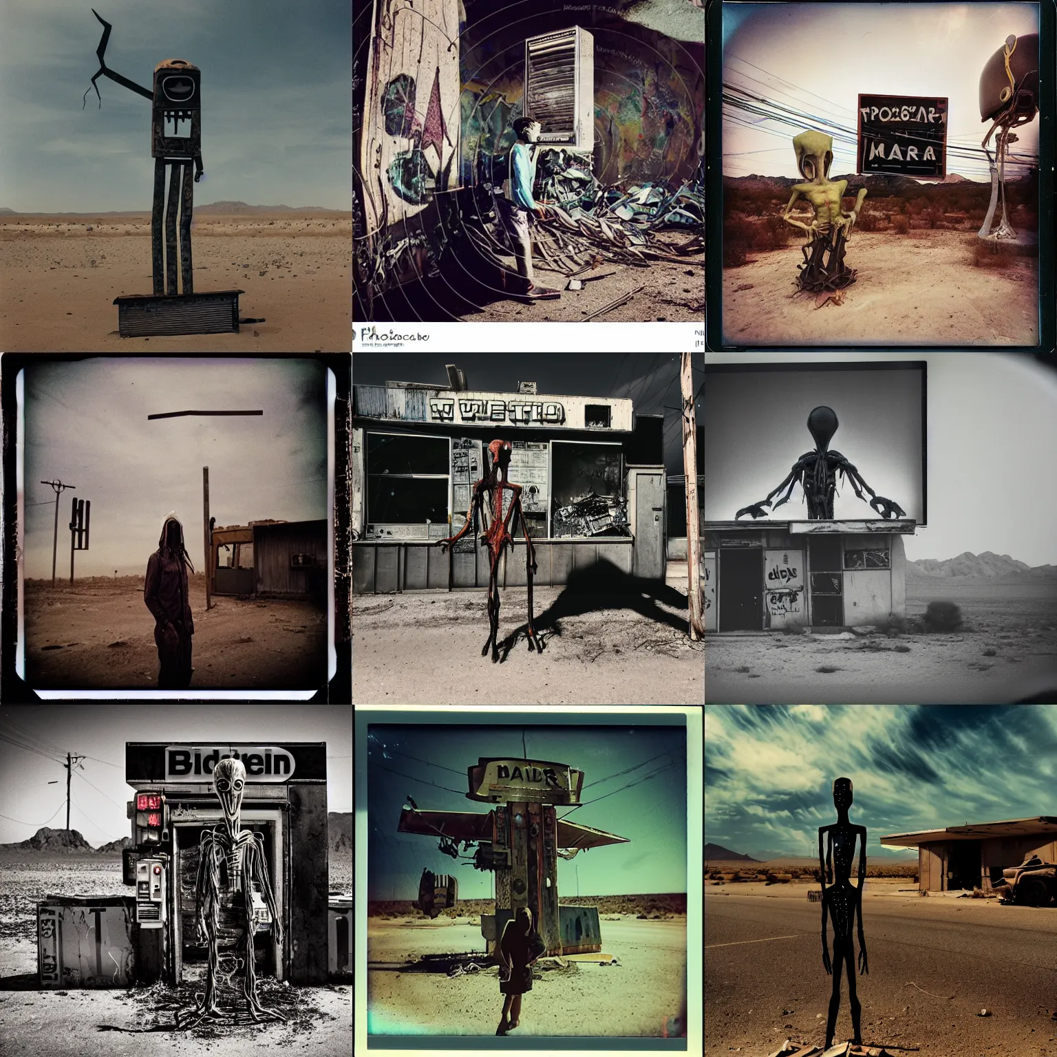 Prompt: polaroid photograph, travel photography, driving past a terrifying alien standing in front of an abandoned cyberpunk bar made of scrap metal and scrap wood in the desert of a gloomy alien world, motion blur, brilliant lighting