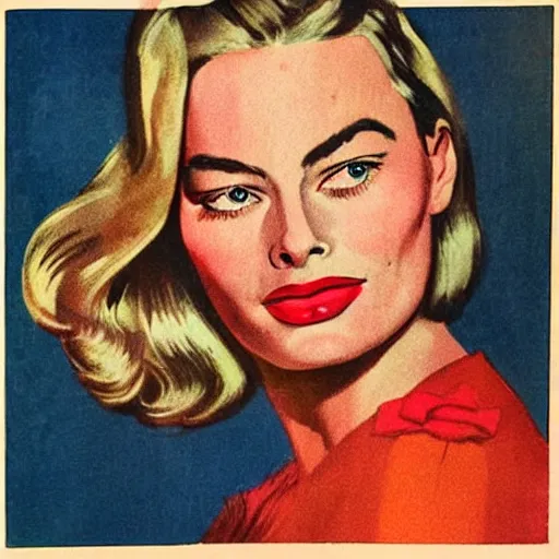 Image similar to “Margot Robbie portrait, color vintage magazine illustration 1950”