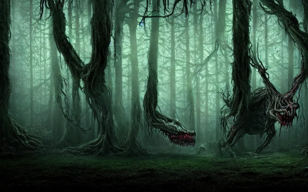 Image similar to a terrifying creature in an enchanted forest at night during torrential rain, very complex, maximalist, overdetailed, legendary cinematic, darkfantasy, highly intricate, realism, perspicious detail, silent hill aesthetic, photorealistic, lifelike, dslr 8 k, unbeatable coherency, octane render