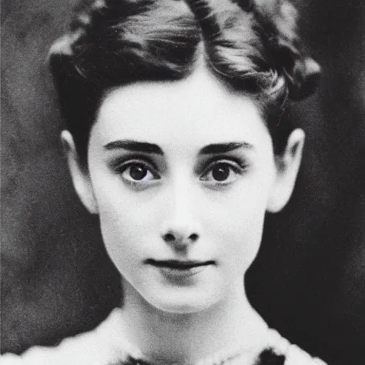 Prompt: edwardian photograph of audrey hepburn, timothee chalamet, 1 9 0 0 s, 1 9 1 0 s, grainy, slightly blurry, faded, realistic face