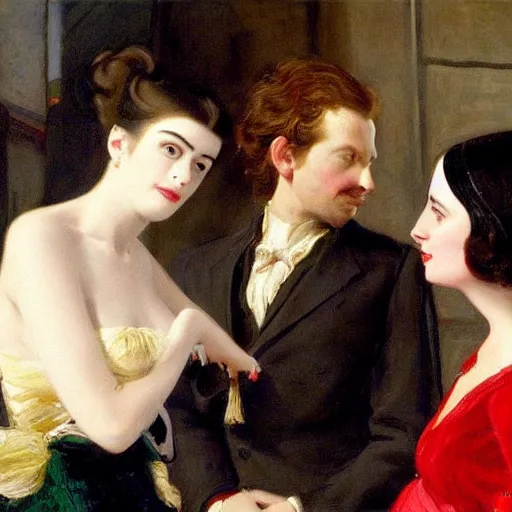 Image similar to niclas weintz trying to flirt with anne hathaway in a sunny street with jealous women with black hair standing in the back, 4 k, painting by eugene de lacroix, beautiful, high detail,