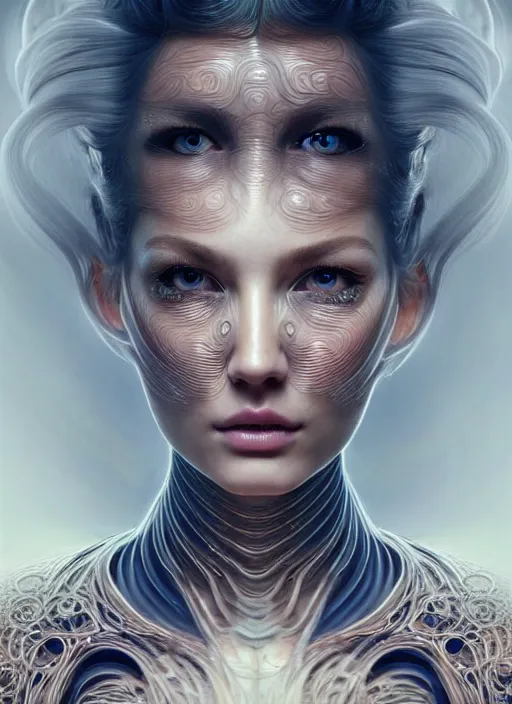 Image similar to a highly detailed photo of very intricate female face full - length portrait, futurism, rococo cyber tattoo lighting, detailed futuristic fibonacci jewelry, profile posing, hyper photorealistic, crispy quality, digital photography, trending in pinterest, cinematic, 4 k ultra hd, art by pascal blanche, art by greg rutkowski, art by artgerm,