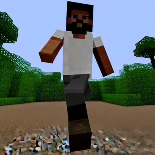 Prompt: MC Ride as a Minecraft Character running away from a Creeper