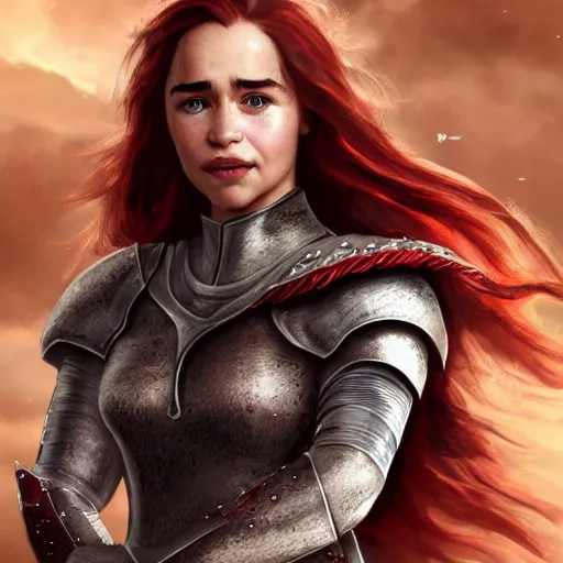 Image similar to emilia clarke, as a medieval fantasy character, with dark reddish hair, wearing light, silver armor and red clothing, tan complexion, holding a longsword, smiling, noble, cinematic, gloomy, realistic, digital art, character art, 8 k