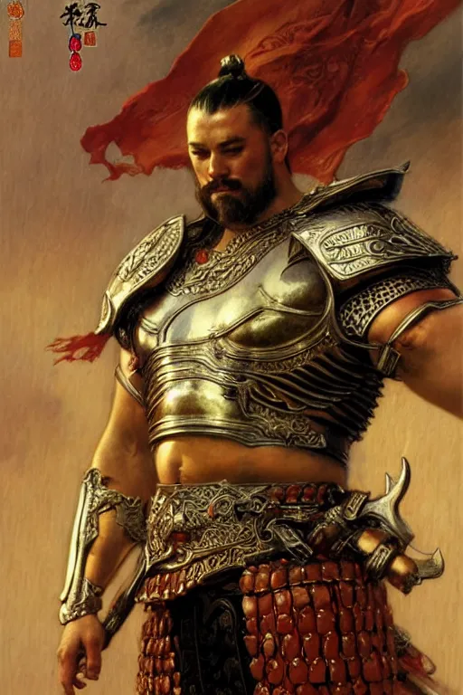 Image similar to attractive beefy male with armor, cloisonnism, ancient china, three kingdoms, character design, painting by gaston bussiere, craig mullins, j. c. leyendecker, tom of finland