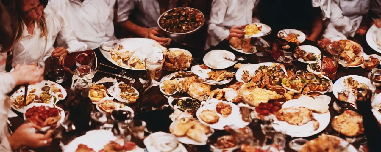 Prompt: a group of people licking from the same plate, food scattered all around, tension, canon 5 0 mm, cinematic lighting, photography, retro, film, kodachrome, closeup