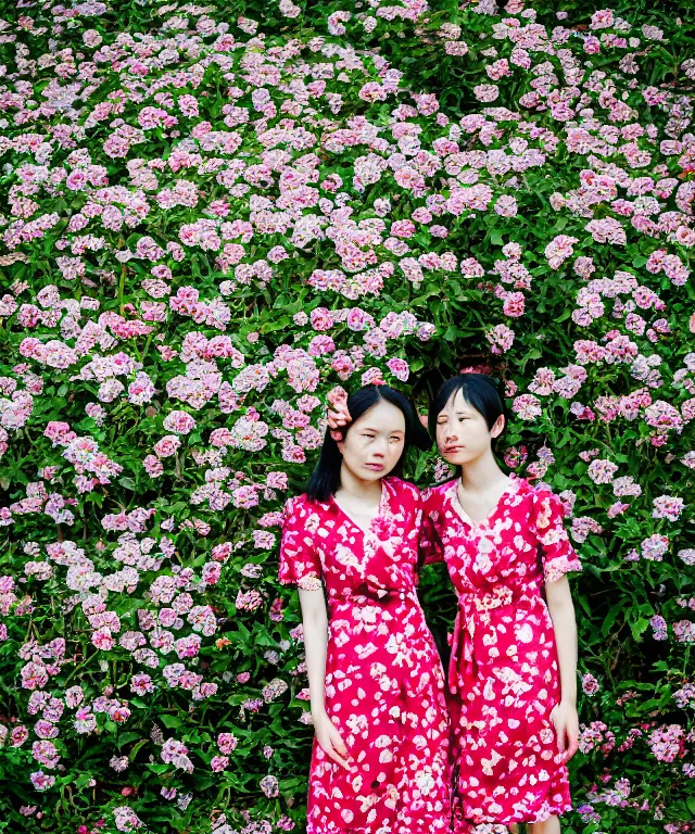 Prompt: color photography of two women in floral dress in taiwan
