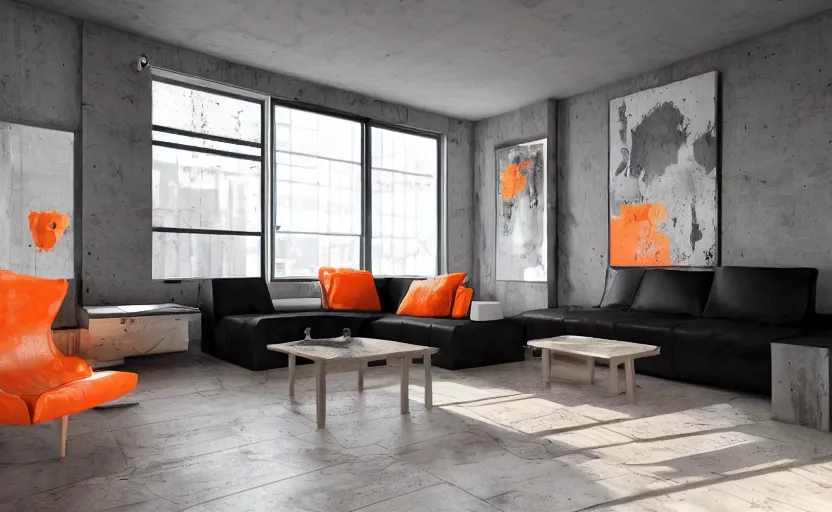 Image similar to a concrete room with a wooden table and a leather sofa and paintings on the wall, high quality, 8 k, architecture, symmetrical, harmonious, black white and orange colours, calm, high coherence, natural lighting, path traced, highly detailed, hyperrealistic, concept art, octane render, unreal engine 5, trending on artstation, beautiful, elegant