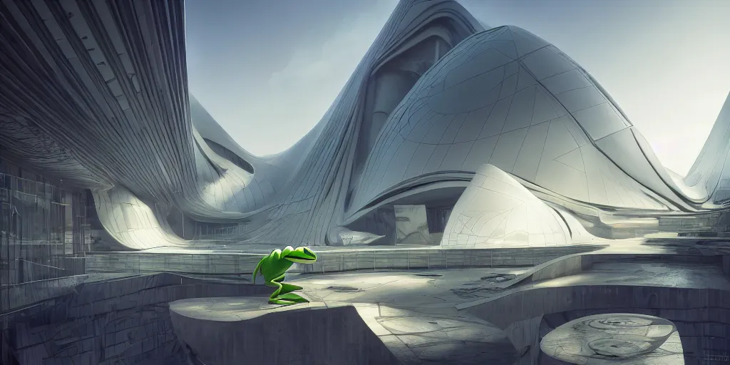 Image similar to kermit the frog, by tim blandin and arthur haas and bruce pennington and john schoenherr, big windows architecture by zaha hadid, octane render, warm colour scheme, white, cinematic, scenery, cgsociety, modernism, futuristic, trending on artstation, sci - fi, high detail, high quality, close up angle