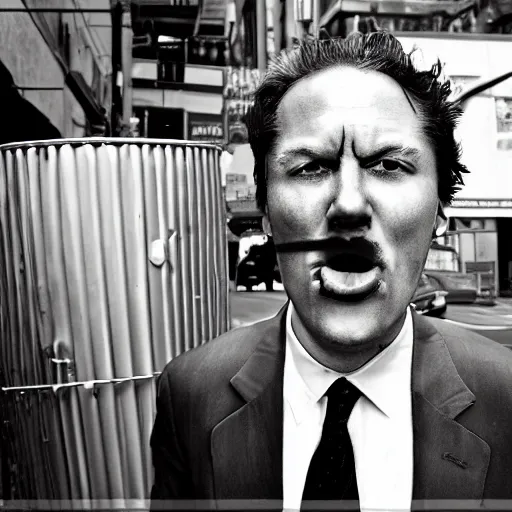 Prompt: spaghetti face man in a suit standing in front of the thrash can in san - francisco, photo 4 k, direct flash, bottom up, high resolution, film photography,