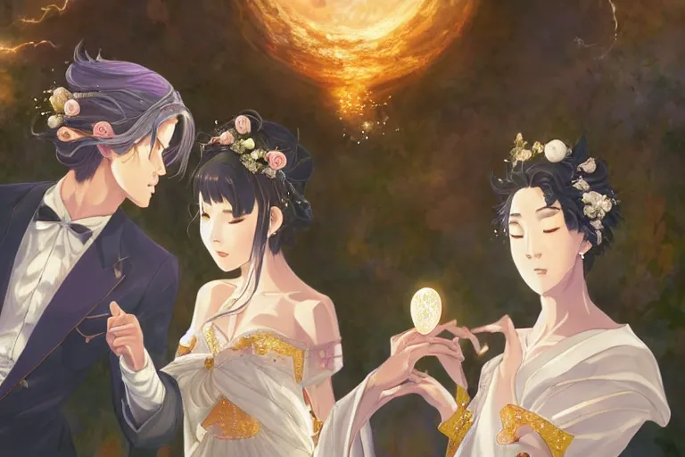 Image similar to a dreamlike portrait of wedding close up moment of a divine a japan sun god and moon goddess lovers magician at a wedding banquet. highly detailed, digital painting, fantasy wedding screen, 8 k realistic, hyper detailed, by makoto shinkai and akihiko yoshida and hidari and wlop