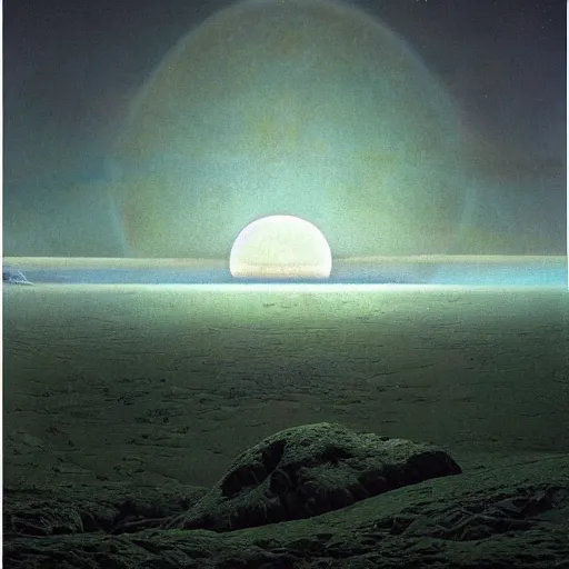 Image similar to an epic fantastic realism matte painting of a hallucinogenic alien planet's landscape under arctic moonlight by zdzisław beksinski by roger dean by john atkinson grimshaw