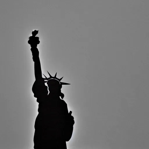 Prompt: the statue of liberty shaking her fist at the people below her, low - angle shot