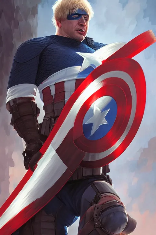 Image similar to Boris Johnson as Captain America, realistic portrait, symmetrical, highly detailed, digital painting, artstation, concept art, smooth, sharp focus, illustration, cinematic lighting, art by artgerm and greg rutkowski and alphonse mucha
