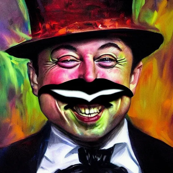 Image similar to elon musk as the grim-hatter with evil mustache grinning, cinematic, dark oil paint, realistic flavor, decaying rich colors!, instagram photo