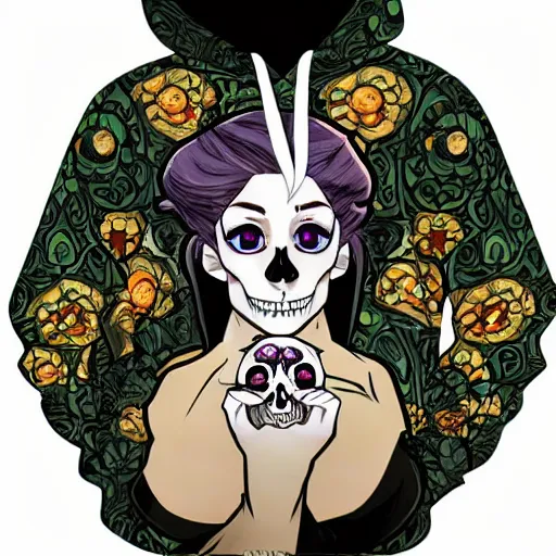 Image similar to anime manga skull portrait woman female wearing hoodie disney cartoon skeleton illustration style by Alphonse Mucha pop art nouveau