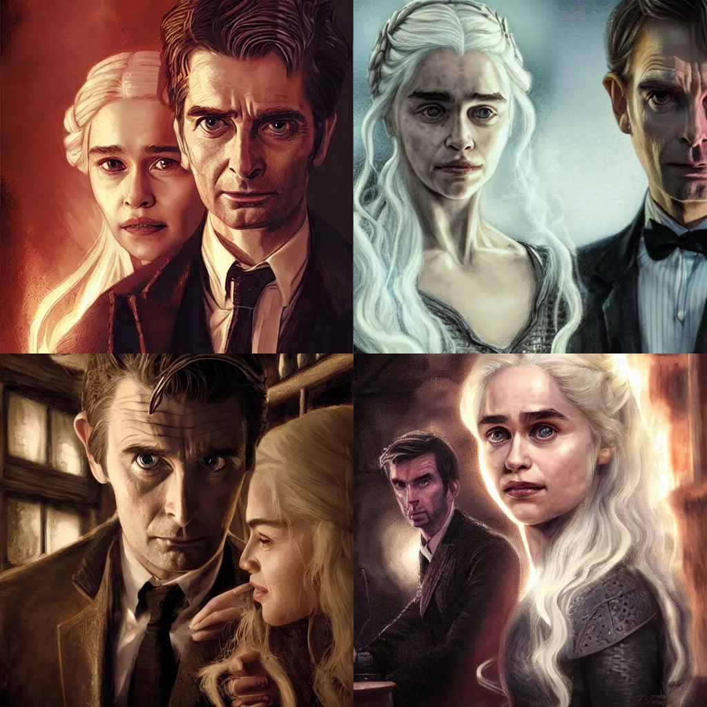 Prompt: daenerys targaryen with david tennant as tenth doctor who in tavern, highly detailed, sharp focus, digital art, defined facial features, symmetrical facial features, close up, art by greg rutkowski