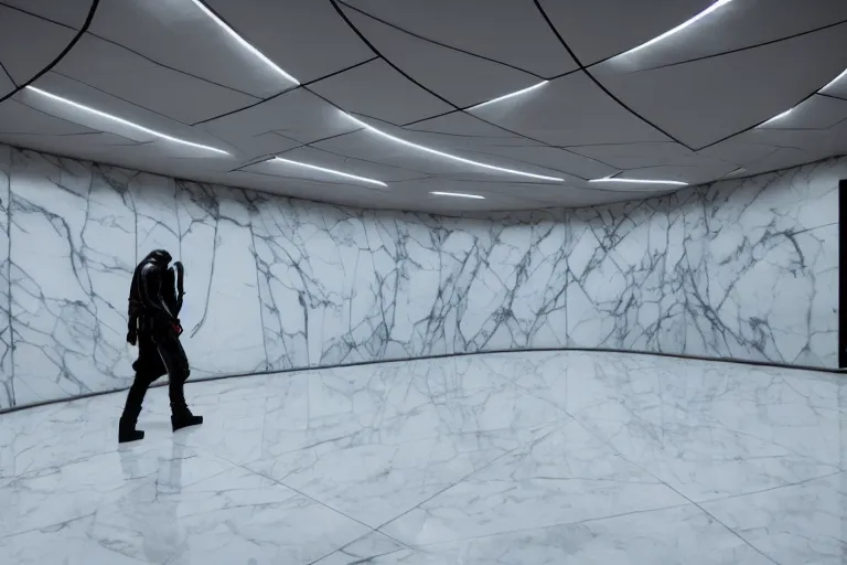 Image similar to Bank interior elegant bank fancy white marble flooring reflective. blade runner 2049 movie still. robbery in progress. cyberpunk man red leather jacket carrying duffle bag holding shotgun. 2017 movie still 35mm wide angle lens