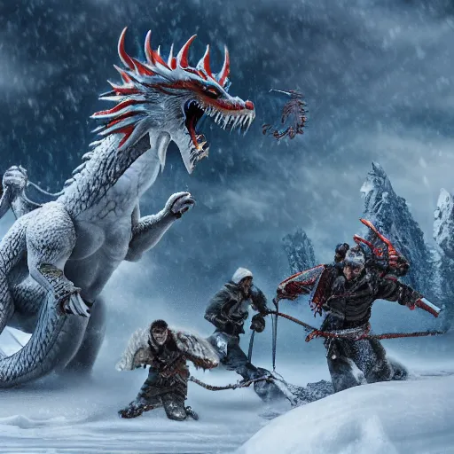 Prompt: a group of heros in a snowy landscape next to a huge terrifying white dragon, intricate detail, photo realistic, 8 k