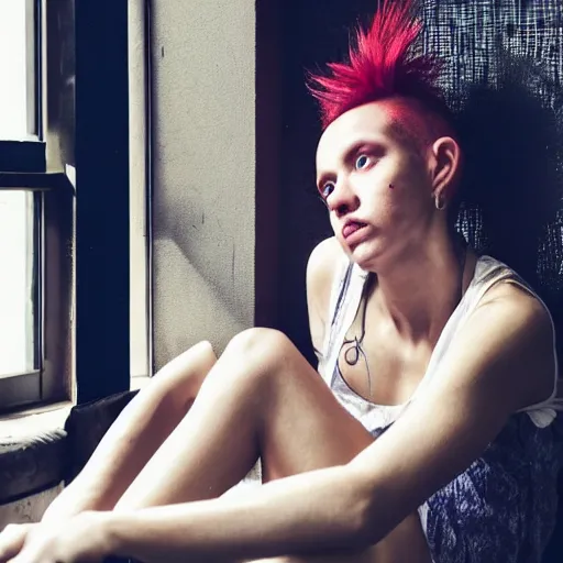 Image similar to a beautiful sleepy punk sit at a window, wearing crop top and torn short pants, pretty face, glamor shot, magnification, 8 k, lonely, accent lighting, de - noise, symmetrical face, hyper - realistic