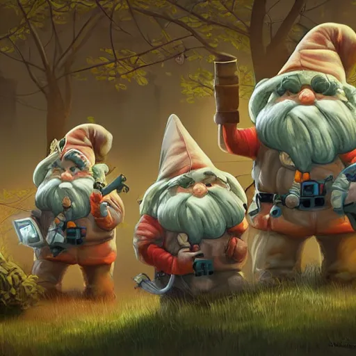 Image similar to garden gnomes as ghostbusters, intricate, highly detailed, digital painting, artstation, symmetrical, concept art, smooth, sharp focus, illustration, unreal engine 5, 8 k,