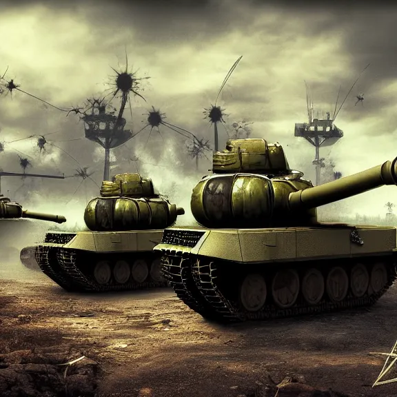 Image similar to atompunk tanks doing battle, 4 k, hdr, smooth, sharp focus, high resolution, award - winning photo