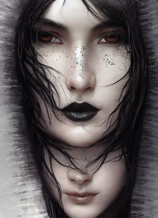 Image similar to a teenage girl with very short black hair and a huge cloak made of grey and black strips. mist swirls around her. beautiful highly detailed face. beautiful painting by artgerm and greg rutkowski and raymond swanland