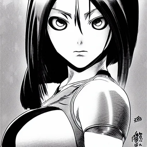 Image similar to alita by yukito kishiro. medium shot. black and white manga. pencil drawing.